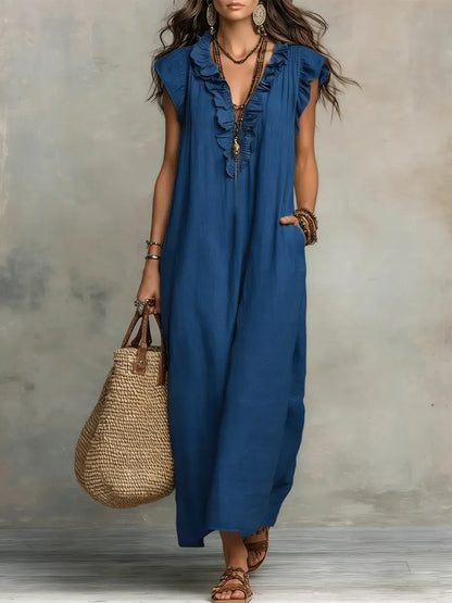 Abito Alison casual-chic in cotone e lino, tinta unita con volant