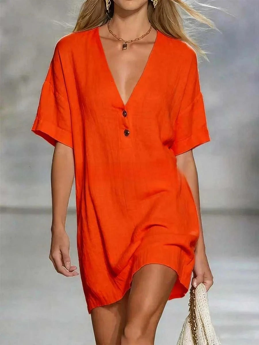 Abito corto da donna a tinta unita con scollo a V, casual ed elegante