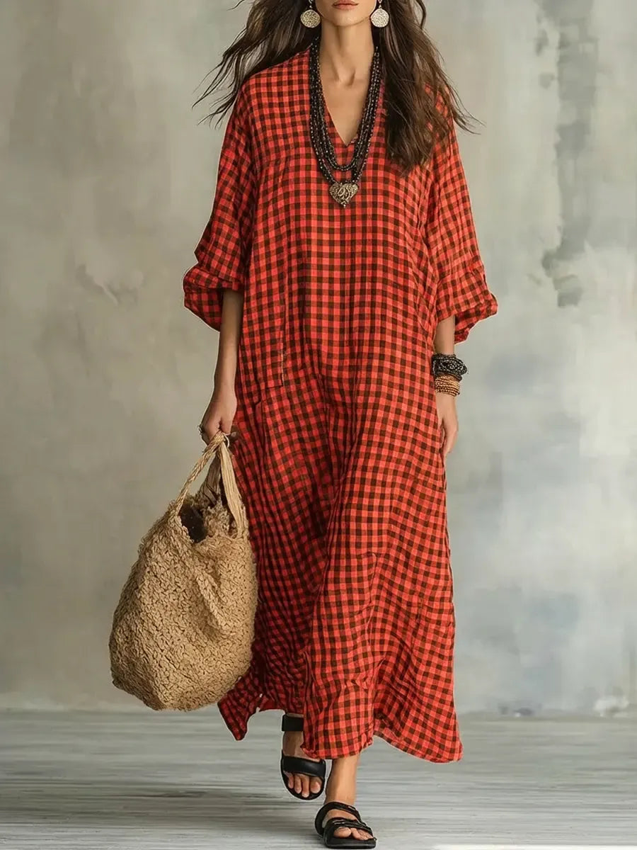 Abito Jessica - lungo casual ed elegante in cotone e lino con motivo a quadri retrò