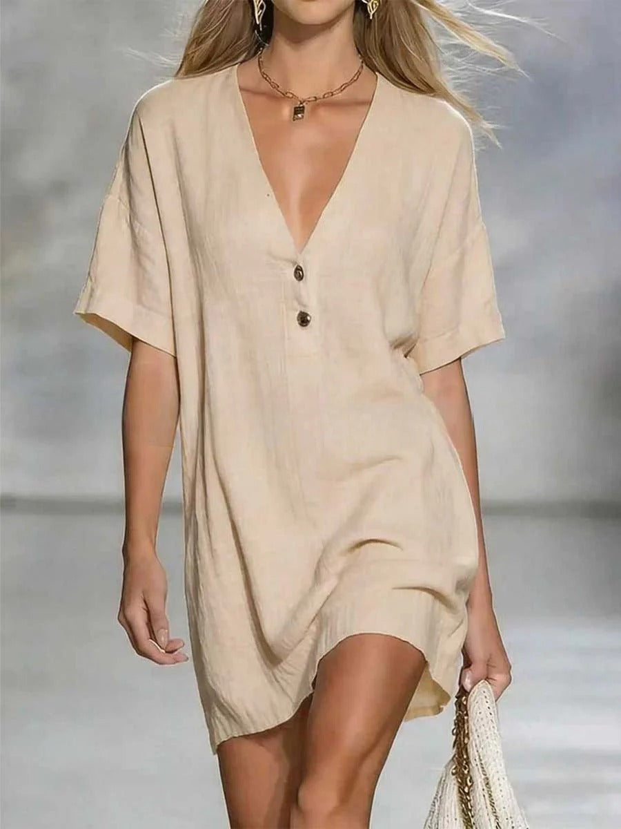 Abito corto da donna a tinta unita con scollo a V, casual ed elegante