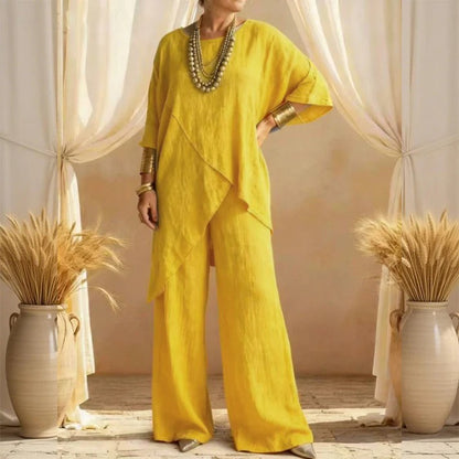 🎁Completo due pezzi da donna, composto da top e pantaloni asimmetrici in misto cotone e lino, dalla vestibilità ampia.