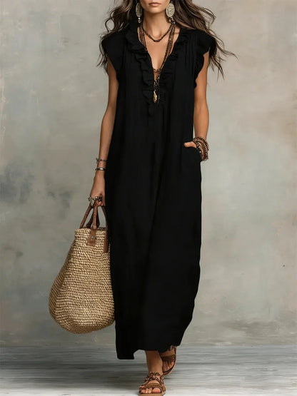 Abito casual-chic in cotone e lino, tinta unita con volant
