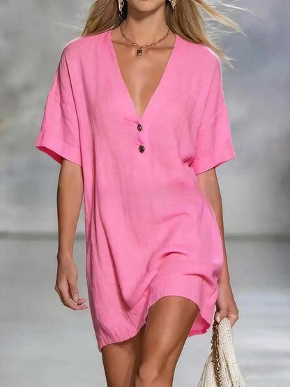 Abito corto da donna a tinta unita con scollo a V, casual ed elegante