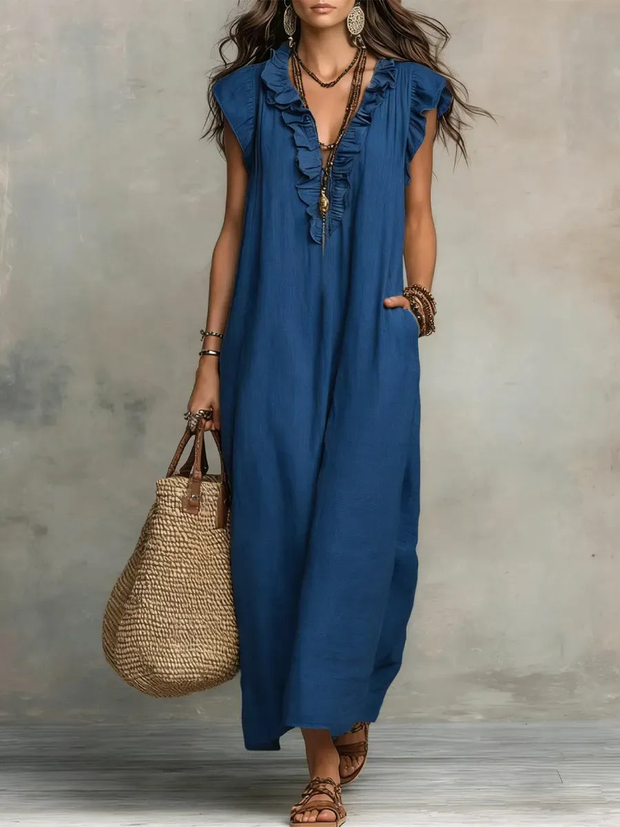 Abito casual-chic in cotone e lino, tinta unita con volant