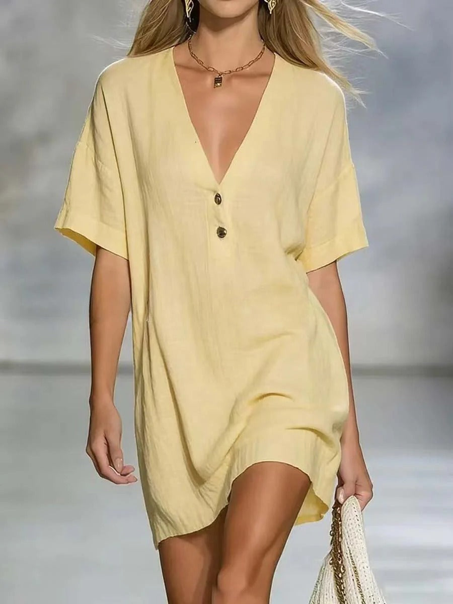 Abito corto da donna a tinta unita con scollo a V, casual ed elegante