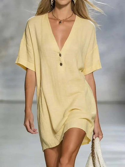 Abito corto da donna a tinta unita con scollo a V, casual ed elegante