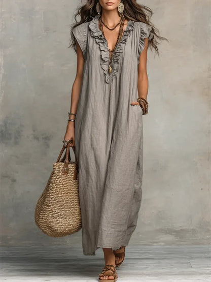 Abito casual-chic in cotone e lino, tinta unita con volant