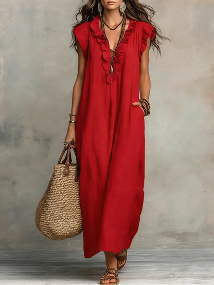 Abito casual-chic in cotone e lino, tinta unita con volant