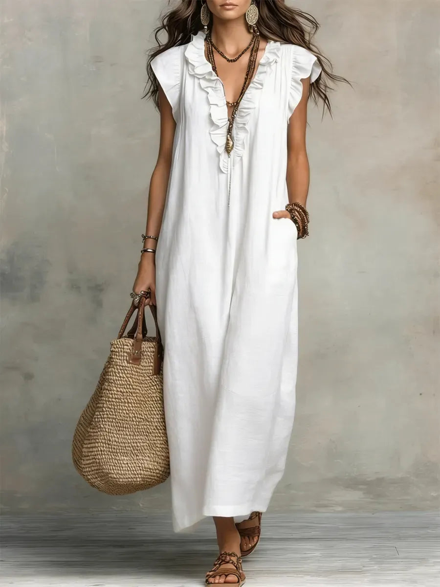 Abito casual-chic in cotone e lino, tinta unita con volant