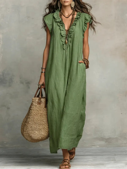 Abito casual-chic in cotone e lino, tinta unita con volant