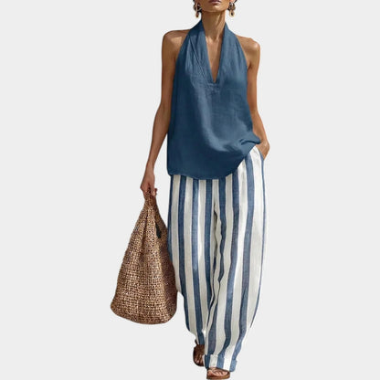Completo due pezzi a righe con scollo all'americana