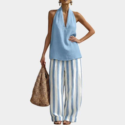 Completo due pezzi a righe con scollo all'americana