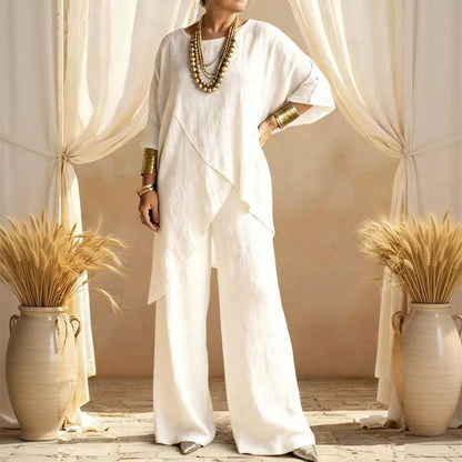 🎁Completo due pezzi da donna, composto da top e pantaloni asimmetrici in misto cotone e lino, dalla vestibilità ampia.