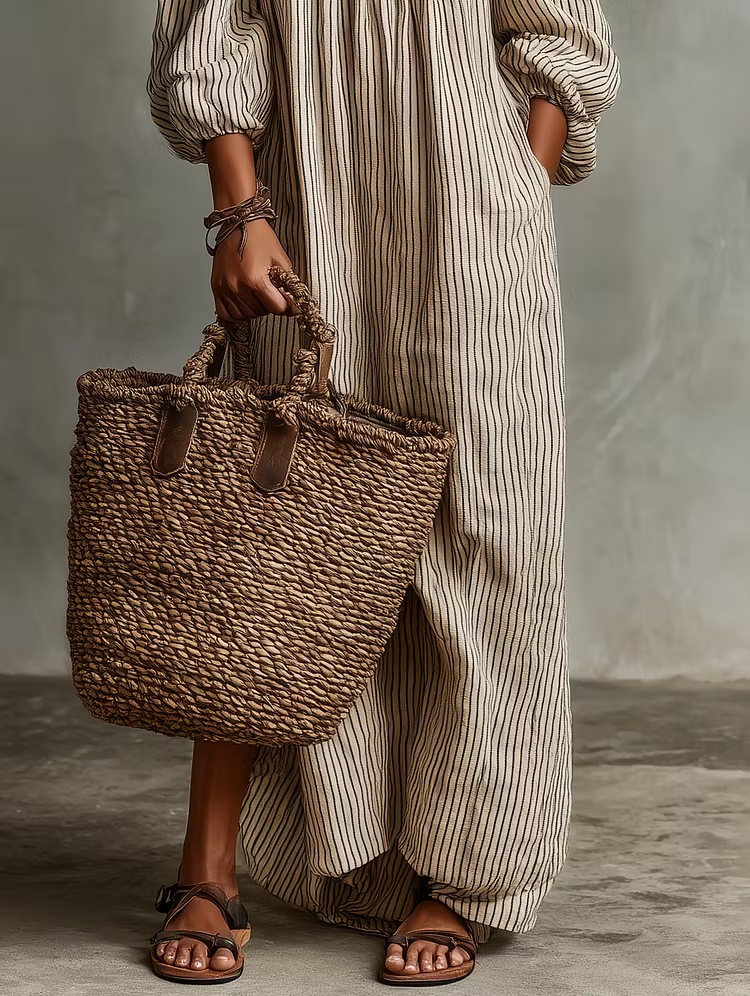 Abito lungo a maniche lunghe con spalle scoperte e righe beige, ideale per le vacanze.
