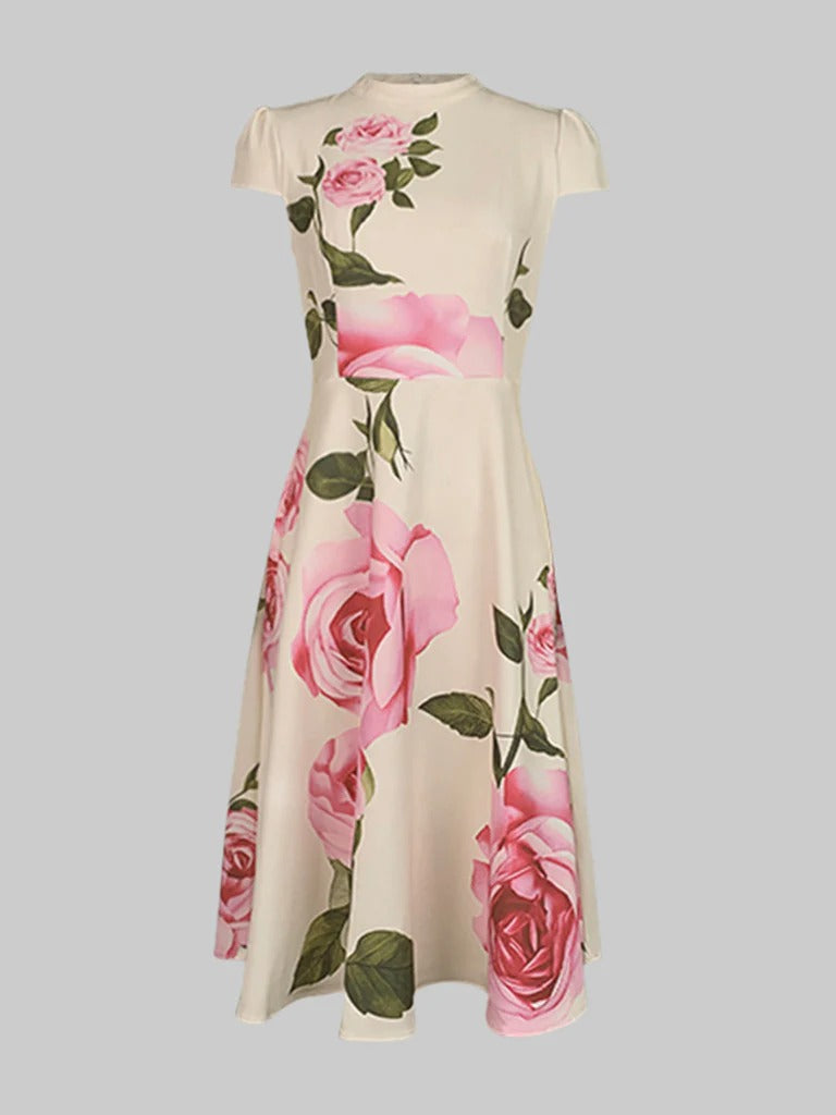 Abito midi a maniche corte con stampa floreale e colletto alto🌺