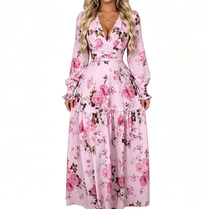 🌹 Abito lungo vintage con scollo a V e stampa di rose - Eleganza romantica, atmosfera da dea! 🌹