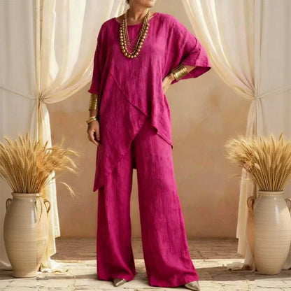 🎁Completo due pezzi da donna, composto da top e pantaloni asimmetrici in misto cotone e lino, dalla vestibilità ampia.