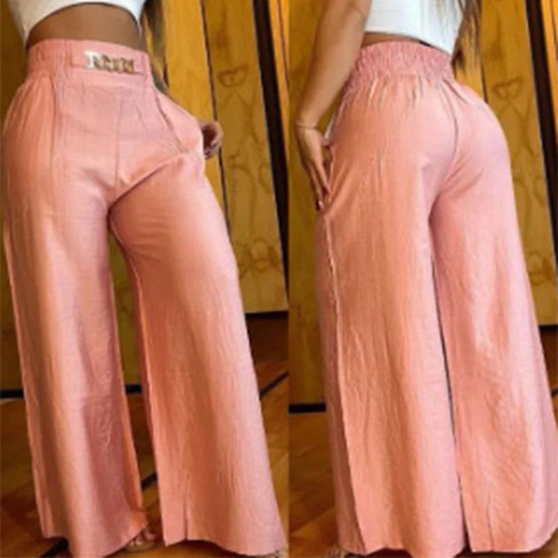 Pantaloni da donna a vita alta e gamba larga con cintura decorativa