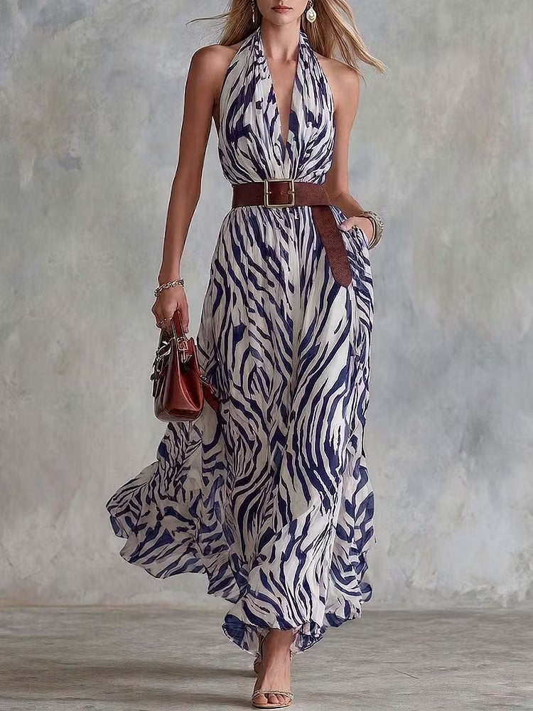 Abito casual da donna in chiffon con scollo a V, vestibilità ampia e stampa astratta