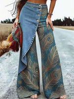 Jeans casual da donna in denim con stampa retrò a piume di pavone