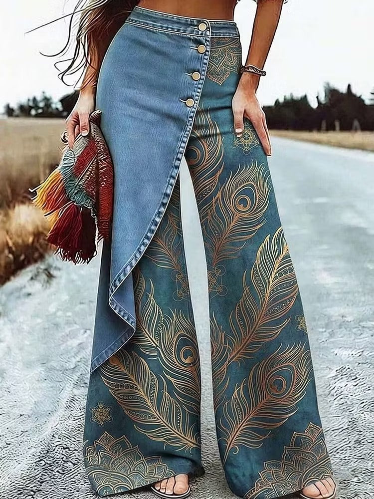 Jeans casual da donna in denim con stampa retrò a piume di pavone