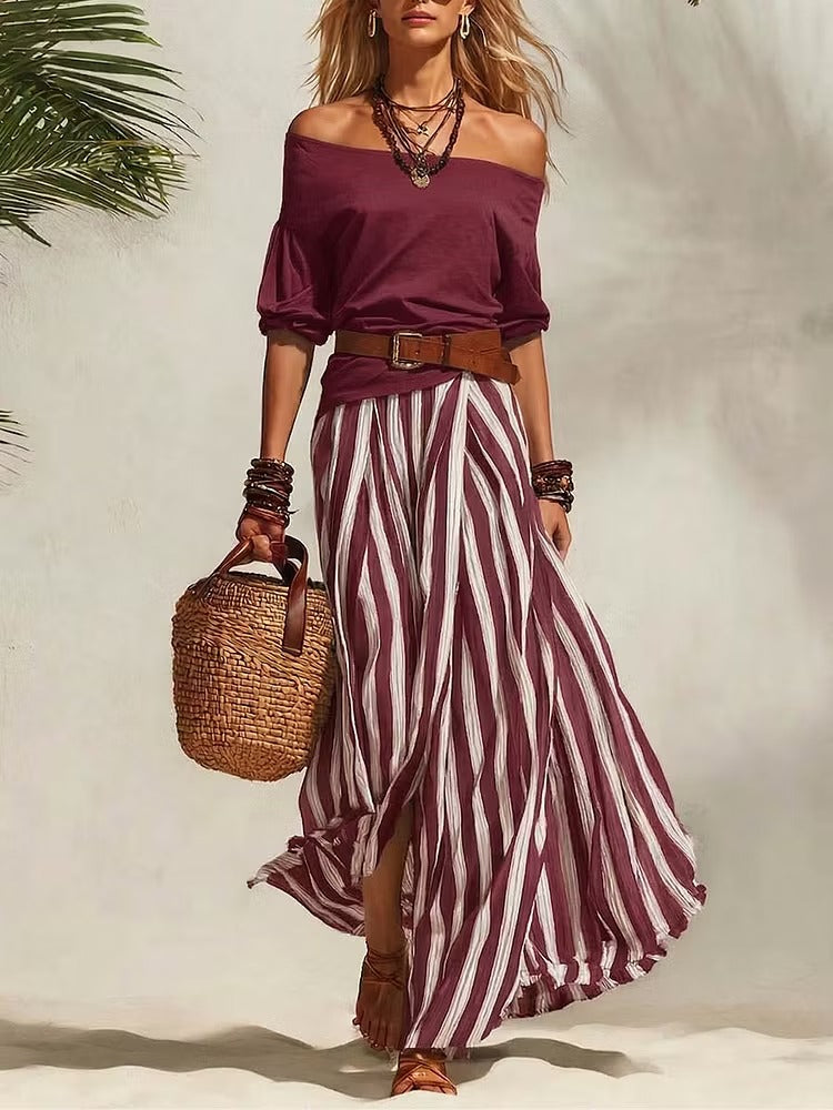 Completo da donna in cotone composto da top casual a spalle scoperte con maniche a 3/4 e gonna a vita alta.