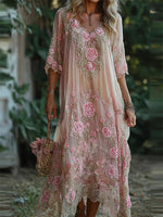 Abito lungo svolazzante in stile boho con rose rosa ricamate e bordo in pizzo. 🌺