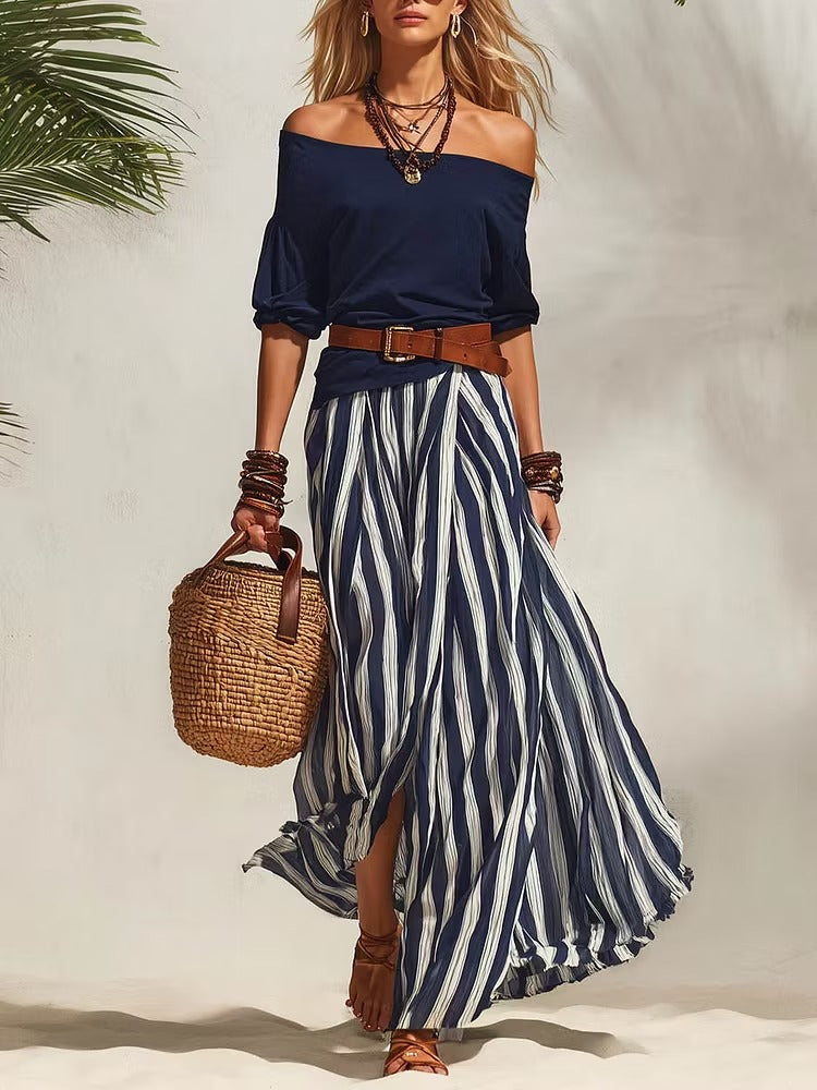 Completo da donna in cotone composto da top casual a spalle scoperte con maniche a 3/4 e gonna a vita alta.