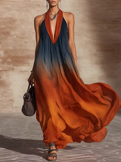 Elegante abito lungo ampio con scollo all'americana e stampa sfumata 👗