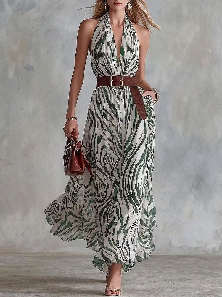 Abito casual da donna in chiffon con scollo a V, vestibilità ampia e stampa astratta
