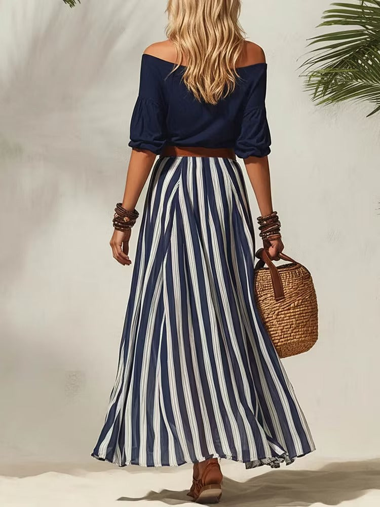 Completo da donna in cotone composto da top casual a spalle scoperte con maniche a 3/4 e gonna a vita alta.