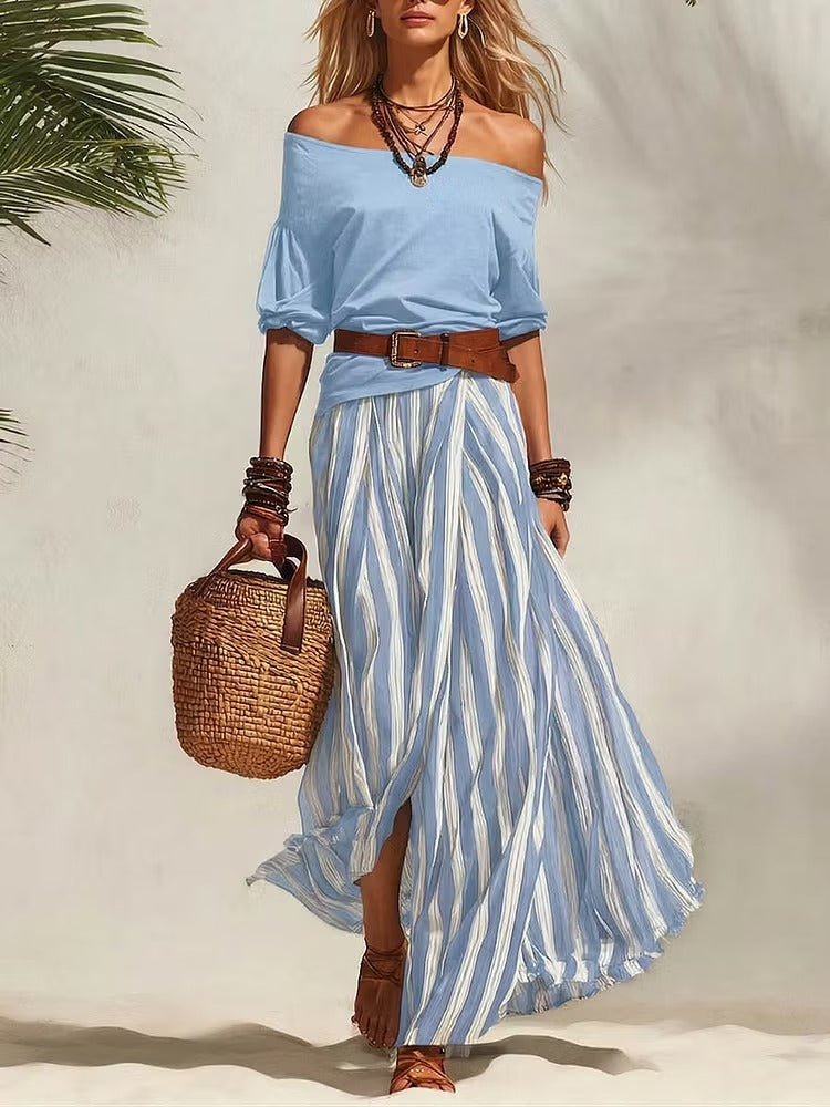 Completo da donna in cotone composto da top casual a spalle scoperte con maniche a 3/4 e gonna a vita alta.