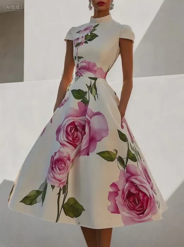 Abito midi a maniche corte con stampa floreale e colletto alto🌺