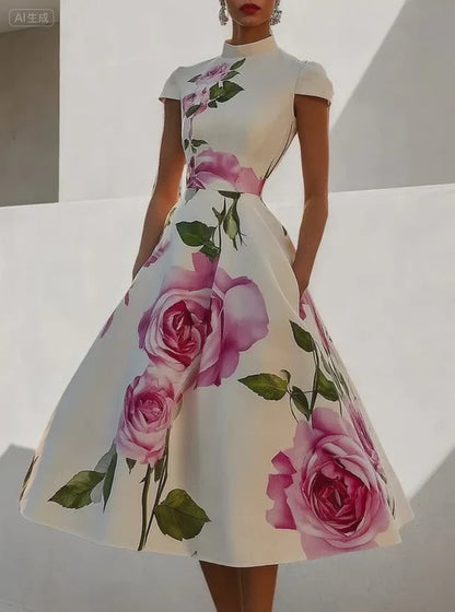 Abito midi a maniche corte con stampa floreale e colletto alto🌺