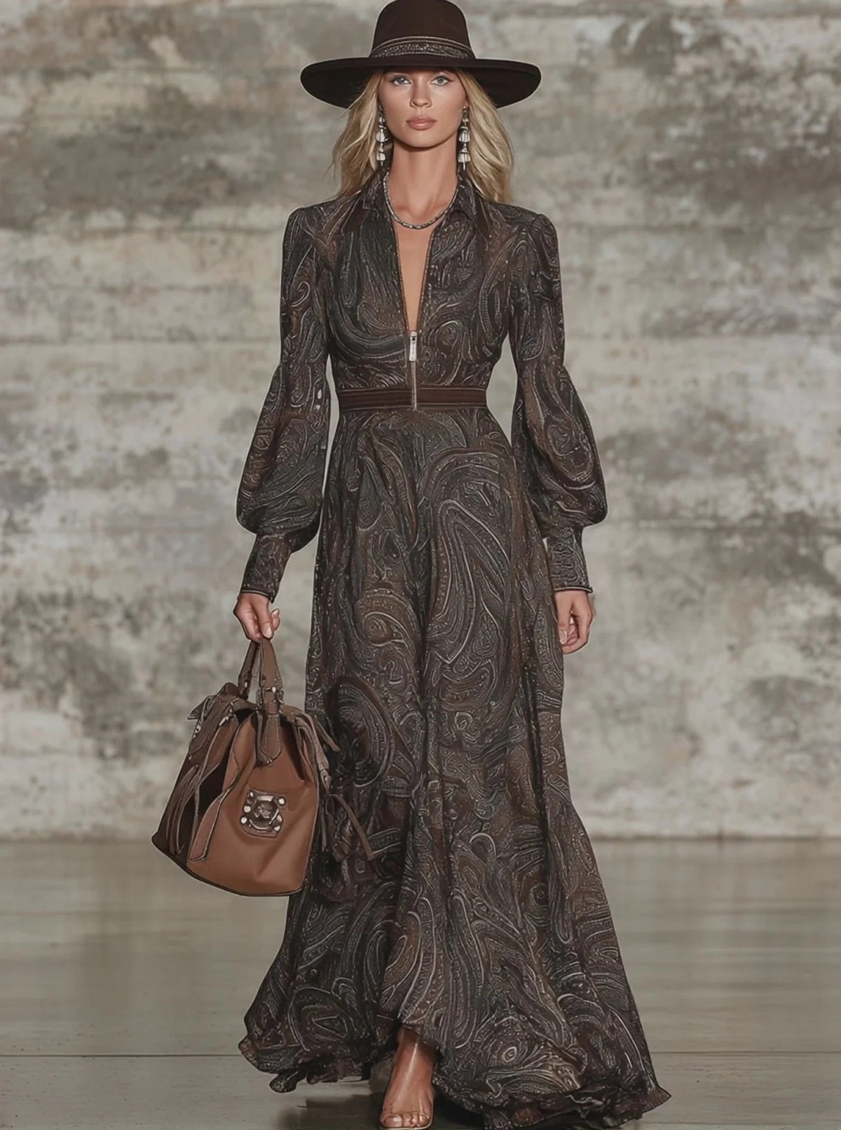 Abito lungo con cerniera e motivo paisley in stile retrò