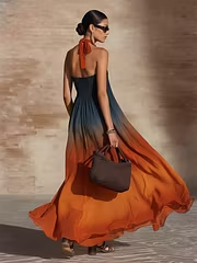 Elegante abito lungo ampio con scollo all'americana e stampa sfumata 👗