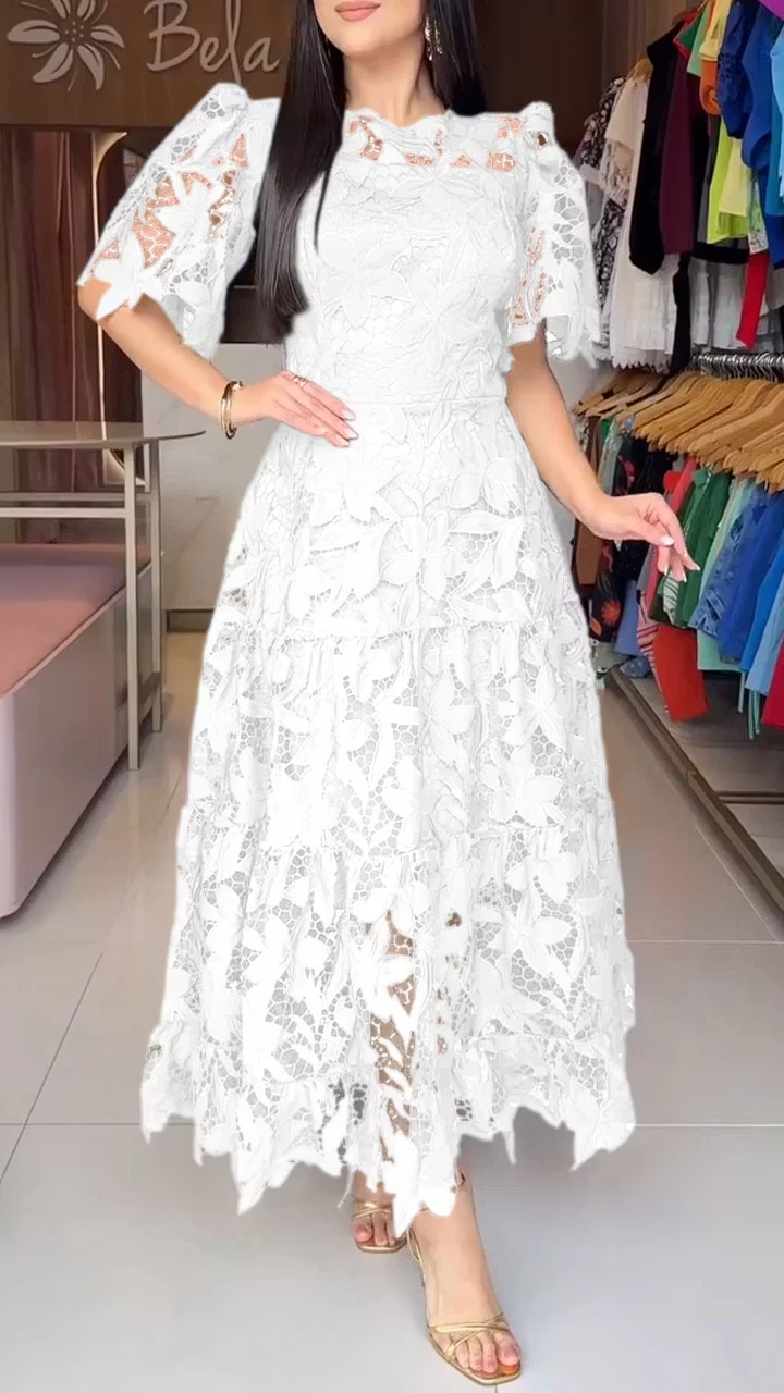 💕 Abito elegante con maniche corte in pizzo traforato