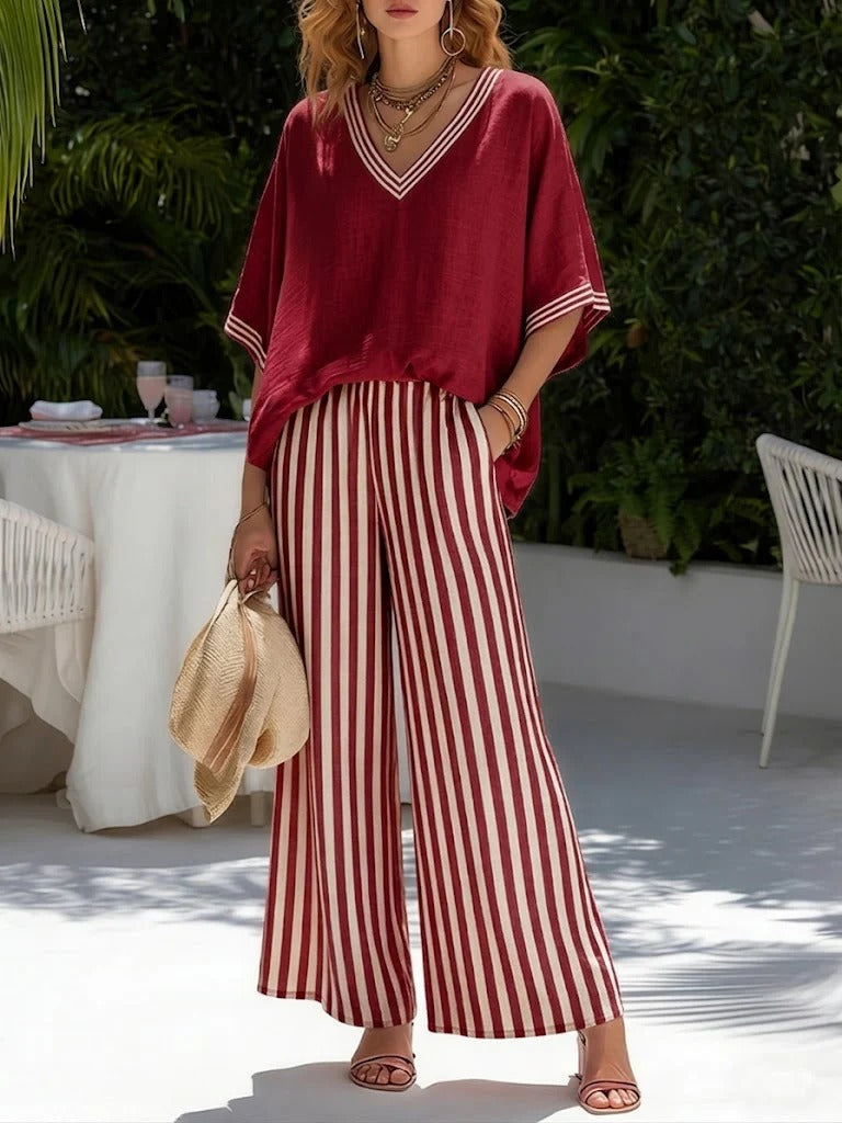 Amelia | Elegante completo casual a righe in lino e cotone