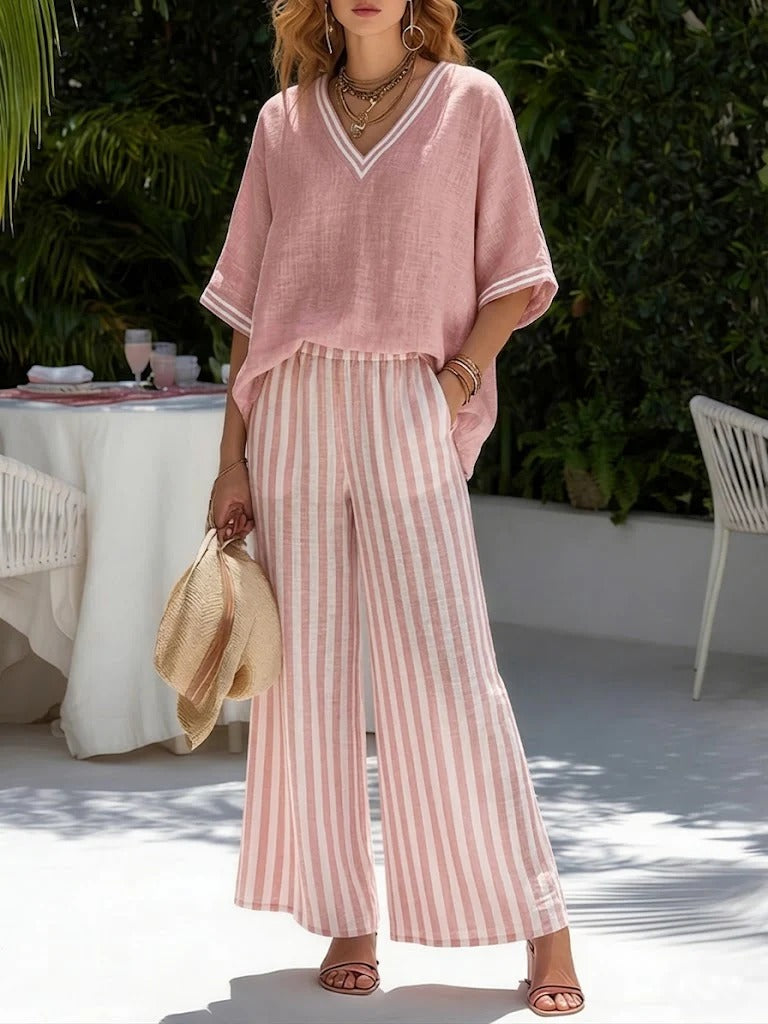 Amelia | Elegante completo casual a righe in lino e cotone