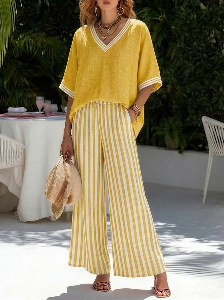 Amelia | Elegante completo casual a righe in lino e cotone