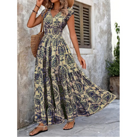 Abito lungo da donna con scollo a V, stampa floreale