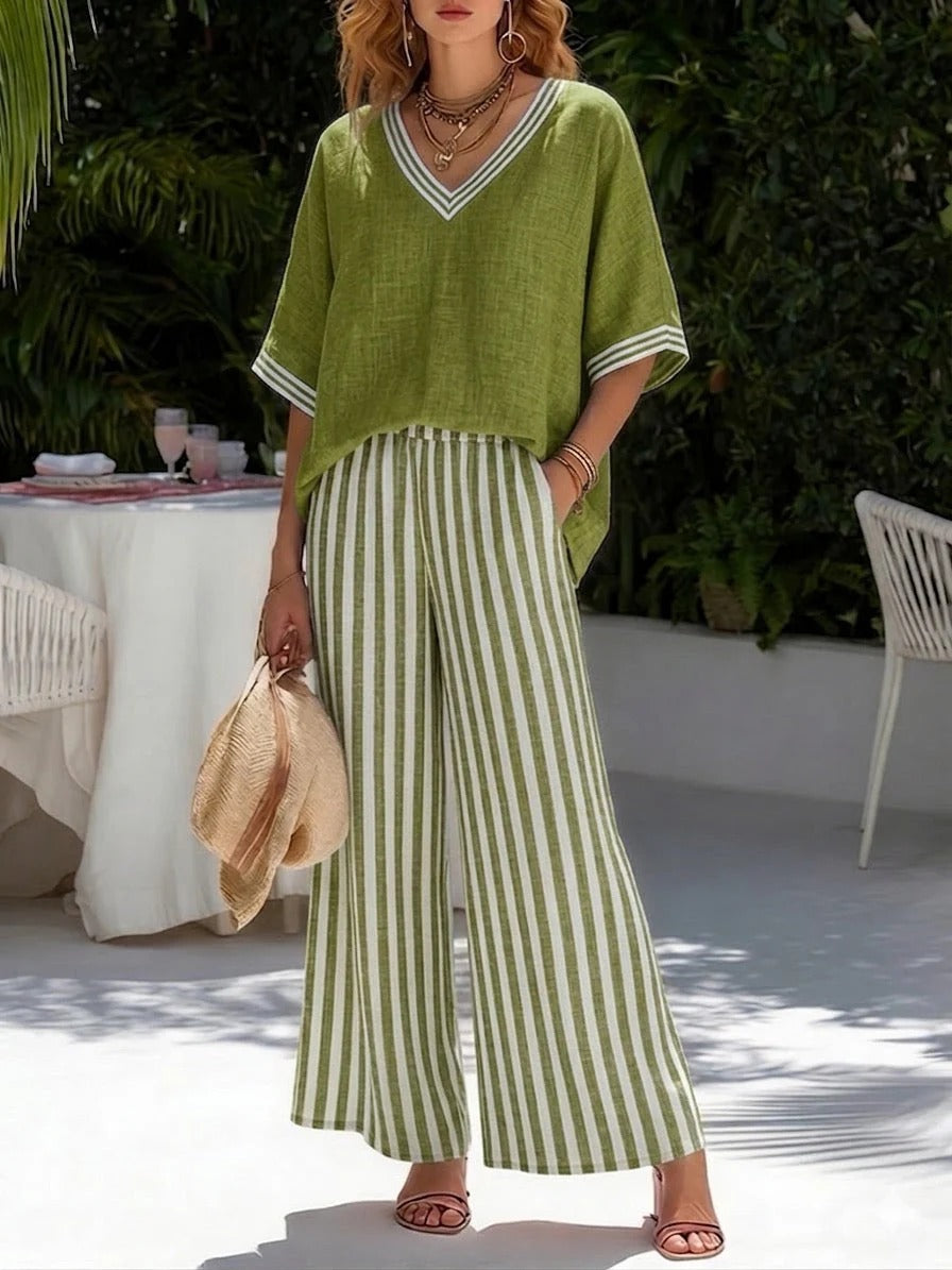 Amelia | Elegante completo casual a righe in lino e cotone