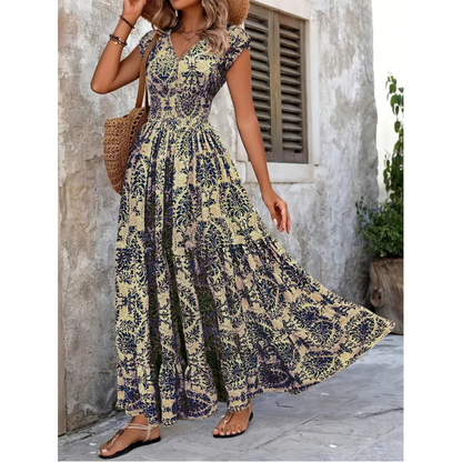Abito lungo da donna con scollo a V, stampa floreale