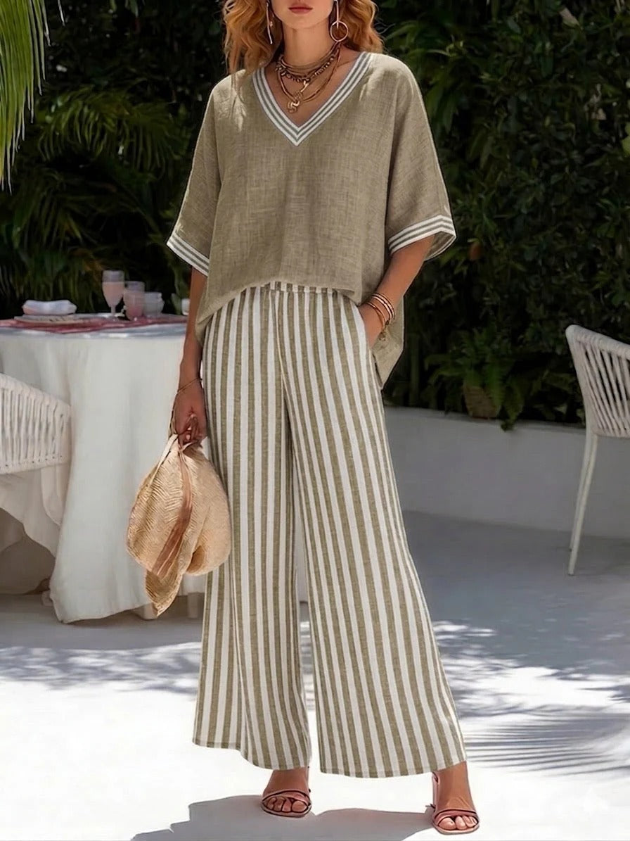 Amelia | Elegante completo casual a righe in lino e cotone