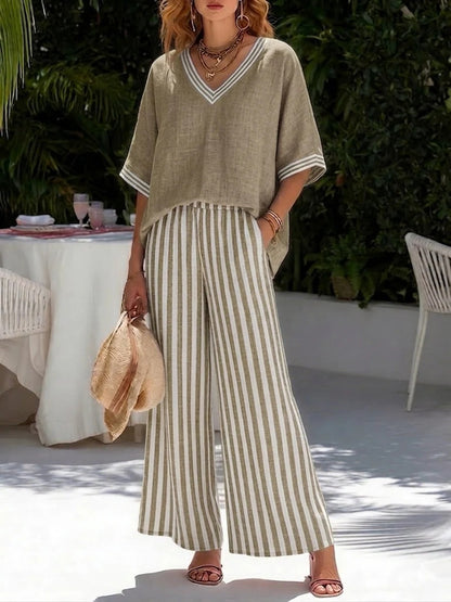 Amelia | Elegante completo casual a righe in lino e cotone
