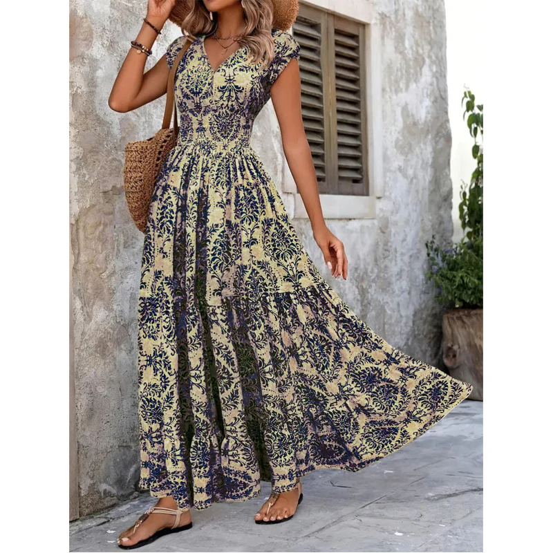 Abito lungo da donna con scollo a V, stampa floreale
