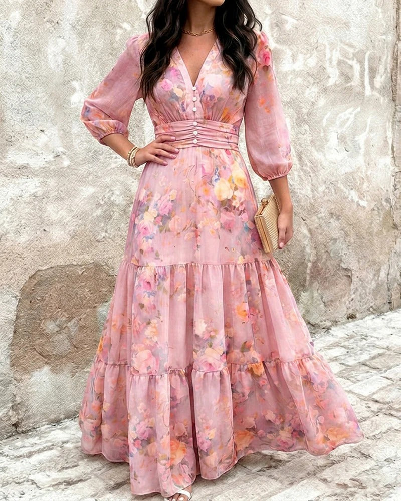 Abito lungo da donna CHICME con stampa floreale ad acquerello, scollo a V, vita alta arricciata, maniche a tre quarti