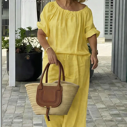 Completo da donna a due pezzi con coulisse: top e pantaloni