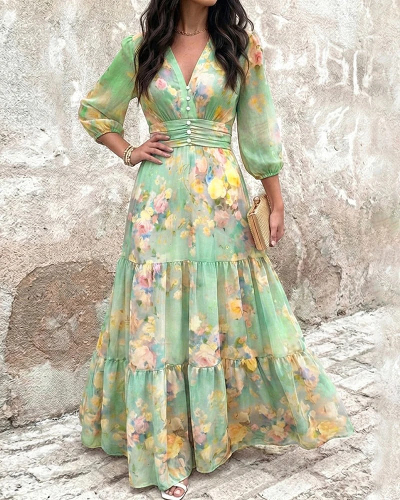 Abito lungo da donna CHICME con stampa floreale ad acquerello, scollo a V, vita alta arricciata, maniche a tre quarti