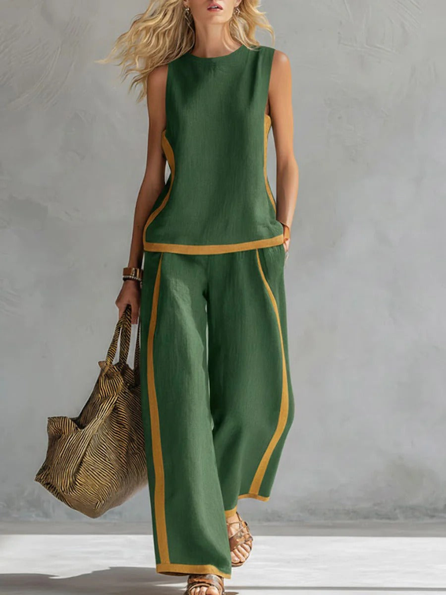 Set 100% lino con top casual ampio senza maniche a girocollo e pantaloni ampi a gamba larga a vita alta.